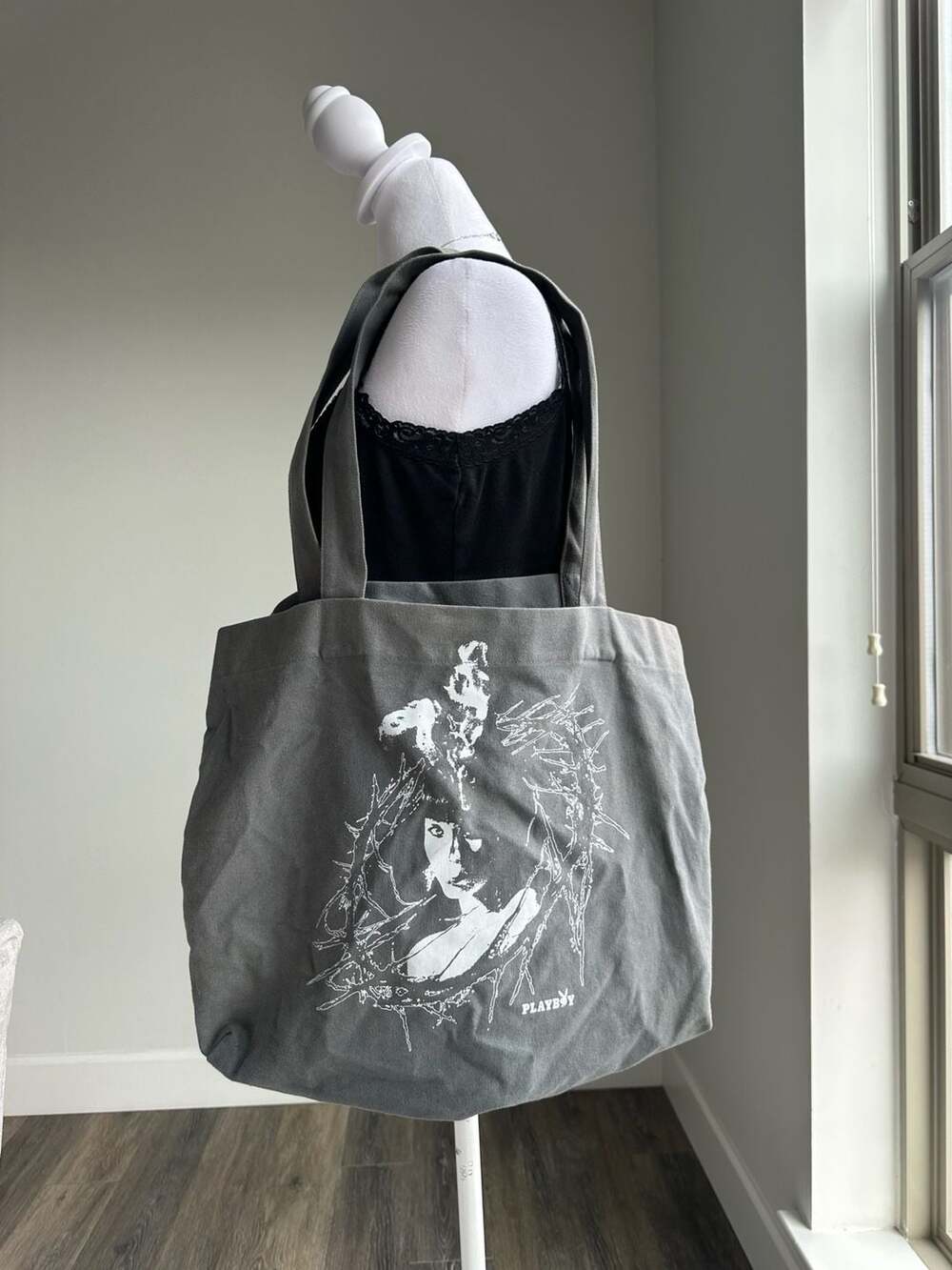 Playboy Charcoal Gray Canvas Graphic Pinup Surfer Tote Bag